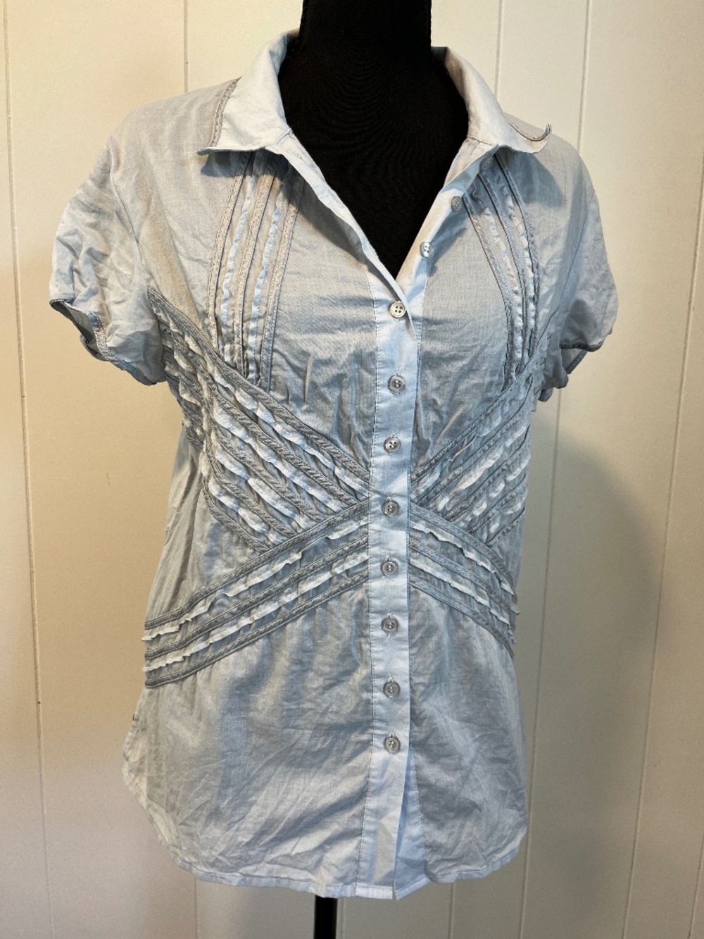 VTG Y2K Short Sleeve Button Up Cotton Blouse Details sz 8 Shabby Chic Romantic